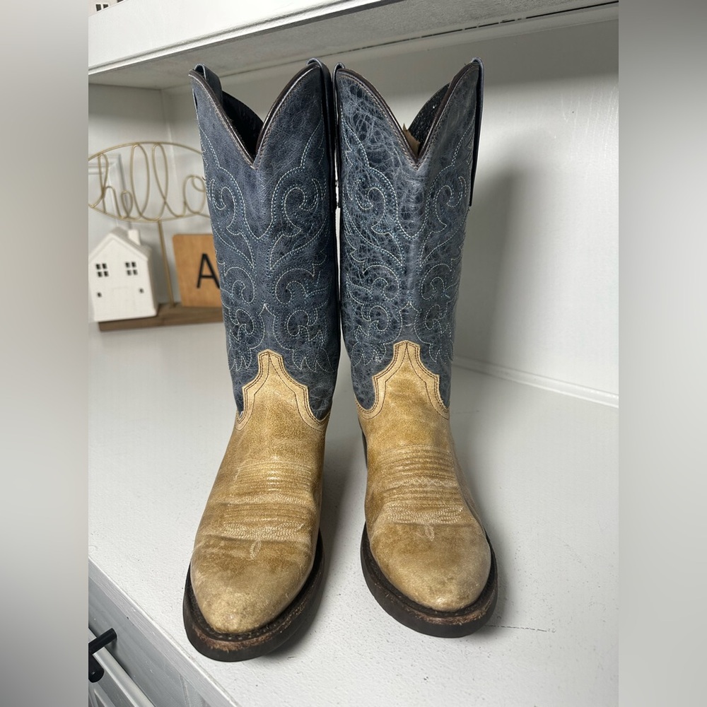 Masterson Boots Women’s 7.5M Two Tone Western Cowboy Boots Tan & Blue Leather - Picture 2 of 9